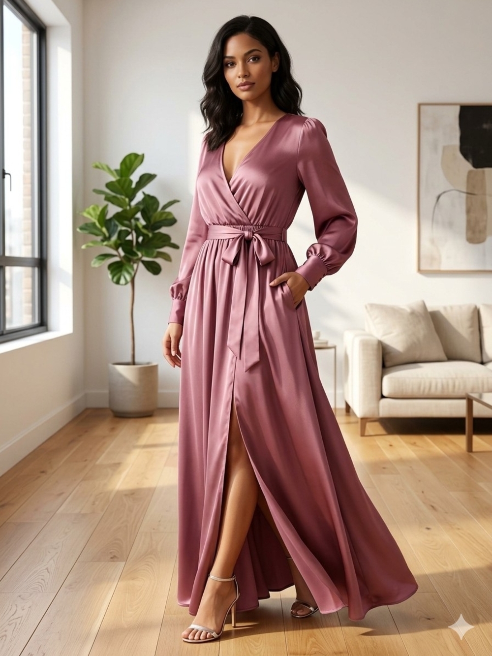 Dusty Rose Satin Wrap Maxi Dress with Self Tie Waist